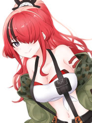 Rule 34 | 1girl, bandeau, bare shoulders, black hair, blush, breasts, cleavage, collarbone, commentary request, green jacket, grey eyes, hair over one eye, highres, jacket, lain paterson, lain paterson (1st costume), large breasts, long hair, long sleeves, looking at viewer, midriff, multicolored hair, navel, nijisanji, off shoulder, open clothes, open jacket, ponytail, pouch, red hair, renren-ren-, simple background, smile, solo, stomach, strapless, streaked hair, suspenders, tube top, upper body, virtual youtuber, white background