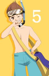 Rule 34 | 00s, 1boy, bag, brown eyes, brown hair, celestial s, countdown, diving mask, goggles, goggles on head, grin, karol capel, male focus, official alternate costume, one eye closed, pants, pii (celestial songs), rubbing, smile, snorkel, solo, tales of (series), tales of vesperia, topless male, wink, yellow background