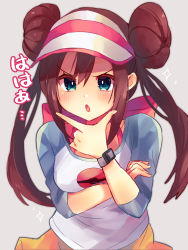 Rule 34 | 1girl, blouse, blue eyes, blush, bow, breasts, brown hair, commentary request, creatures (company), double bun, ebihara beniko, game freak, grey background, hair between eyes, hair bun, hand on own chin, hat, highres, long hair, looking at viewer, medium breasts, nintendo, orange skirt, pokemon, pokemon bw2, pokemon masters ex, raglan sleeves, red bow, rosa (pokemon), shirt, short sleeves, sidelocks, simple background, skirt, solo, sparkle, stroking own chin, twintails, very long hair, visor cap, watch, white hat, white shirt, wristwatch