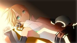 Rule 34 | 1boy, black shorts, black sleeves, blonde hair, blouse, d futagosaikyou, detached sleeves, expressionless, green eyes, hand on own stomach, hand up, headphones, high collar, kagamine len, kagamine len (append), looking at viewer, lying, male focus, on back, see-through, see-through sleeves, shirt, shorts, sidelighting, sleeveless, sleeveless shirt, solo, spiked hair, upper body, vocaloid, vocaloid append, white shirt