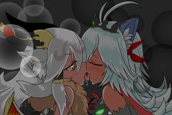 Rule 34 | 2girls, animal ears, antenna hair, bad id, bad pixiv id, bare shoulders, blush, cape, character doll, closed eyes, demon horns, detached sleeves, eyepatch, feathered wings, french kiss, glowing, glowing eye, green eyes, hair tubes, horns, illumina (p&amp;d), ilmina (p&amp;d), kiss, long hair, missile (55missile), missile (artist), multiple girls, orange eyes, puzzle &amp; dragons, romia (p&amp;d), saliva, sweat, tiara, wings, yuri, zuoh (p&amp;d)