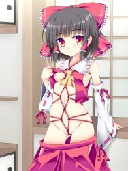 Rule 34 | 1girl, ascot, bare shoulders, bdsm, black hair, blush, bondage, bound, bow, breasts, crotch rope, detached sleeves, female focus, hair bow, hair tubes, hakurei reimu, highres, looking at viewer, navel, nipples, noveske n4, partially undressed, pussy, red eyes, rope, shibari, shibari under clothes, short hair, skirt, small breasts, smile, solo, standing, touhou, vest