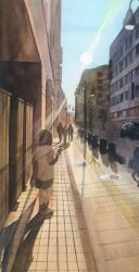 Rule 34 | 1girl, 3others, building, car, city, cloud, cloudy sky, day, highres, lamppost, light rays, motor vehicle, multiple others, original, painting (medium), road, scenery, shadow, sky, street, sunlight, tlctm7h8wdwnthx, traditional media, utility pole, watercolor (medium), window