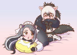 Rule 34 | 10s, 2girls, :o, ^ ^, aardwolf (kemono friends), animal ears, anteater ears, anteater tail, black hair, brown eyes, closed eyes, commentary request, elbow gloves, fluffy, giant anteater (kemono friends), gloves, grey hair, hair between eyes, hair ornament, highres, hugging another&#039;s tail, hugging tail, japari symbol, kemono friends, long hair, looking back, lying, maid headdress, multicolored hair, multiple girls, on back, pillow, ponytail, shorts, tail, white hair, yosiyuki yosizou