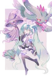 Rule 34 | 1girl, aqua hair, black thighhighs, creatures (company), detached sleeves, flutter mane, game freak, gen 2 pokemon, gen 4 pokemon, ghost, ghost miku (project voltage), glitch, gradient hair, grey shirt, hatsune miku, long hair, misdreavus, mismagius, multicolored hair, necktie, nintendo, pale skin, pokemon, pokemon (creature), project voltage, ryokuno green, see-through, see-through skirt, shirt, skirt, sleeves past fingers, sleeves past wrists, thighhighs, twintails, very long hair, vocaloid, will-o&#039;-the-wisp (mythology), yellow eyes