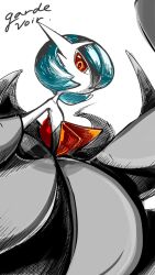 Rule 34 | 1girl, alternate color, ame (metorui), bare shoulders, black dress, black gloves, blue hair, bob cut, character name, colored skin, creatures (company), dress, elbow gloves, english text, female focus, flat chest, game freak, gardevoir, gen 3 pokemon, gloves, hair over one eye, highres, long dress, looking at viewer, mega gardevoir, mega pokemon, nintendo, one eye covered, open mouth, orange eyes, pokemon, pokemon (creature), shiny pokemon, short hair, simple background, solo, standing, strapless, strapless dress, white background, white skin
