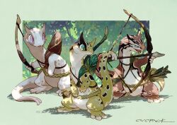 Rule 34 | animal, animal focus, arrow (projectile), artist name, belt, blue eyes, border, bow (weapon), clothed animal, commentary, dappled sunlight, day, drawing bow, fangs, forest, full body, gecko, green border, green eyes, highres, holding, holding bow (weapon), holding weapon, leaf, murayama ryota, nature, no humans, open mouth, original, outdoors, outside border, pink eyes, reptile, signature, slit pupils, smile, standing, sunlight, tail, weapon, weapon on back