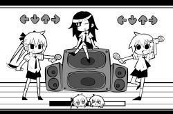 Rule 34 | &gt; &lt;, 3girls, = =, arm up, arrow (symbol), chibi, chibi inset, collared shirt, crossed legs, friday night funkin&#039;, frown, full body, gameplay mechanics, goshiki agiri, greyscale, highres, holding, holding instrument, holding knife, holding microphone, instrument, jitome, kani beam, kill me baby, kneehighs, knife, letterboxed, long hair, maracas, microphone, monochrome, multiple girls, multiple views, necktie, open mouth, oribe yasuna, outstretched arm, parody, reverse grip, school uniform, shirt, shoes, short hair, short sleeves, sitting, sitting on object, skirt, smile, socks, sonya (kill me baby), speaker, standing, standing on one leg, triangle mouth, twintails, v-shaped eyebrows, wooden floor