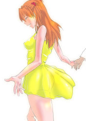 Rule 34 | 1boy, 1girl, alternate breast size, ass, breasts, brown hair, choker, cleavage, dress, hetero, highres, holding another&#039;s hand, interface headset, lips, long hair, neon genesis evangelion, smile, souryuu asuka langley, standing, sundress, thighs, wakusan, yellow dress