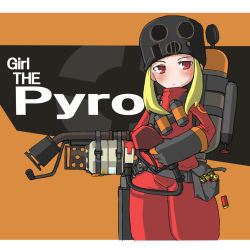Rule 34 | 1girl, blonde hair, blush, bodysuit, bullet, english text, flamethrower, frown, gas mask, long hair, mask, mr kunimitsu, pyro (tf2), red eyes, red pyro (tf2), solo, team fortress 2, weapon