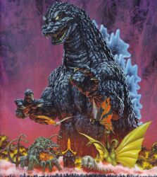 Rule 34 | absurdres, banpresto, battra, biollante, blue eyes, bug, building, butterfly, caterpillar, city, claws, conjoined, dinosaur, dragon, dust, epic, explosion, extra mouth, fire, flying, glowing, glowing eyes, glowing spikes, godzilla, godzilla (arcade game), godzilla (series), godzilla vs. biollante, godzilla vs. king ghidorah, godzilla vs. mothra, highres, horns, hydra, insect, kaida yuji, kaijuu, king ghidorah, mandibles, moth, mothra, multiple heads, no humans, no pupils, official art, open mouth, pincers, pink sky, plant, promotional art, red eyes, roaring, sharp teeth, single horn, sky, skyscraper, smoke, spikes, stinger, teeth, tentacles, toho, tusks, vines, white eyes, wings
