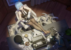 Rule 34 | 1girl, 1other, antique phone, black pantyhose, blue hair, breasts, corded phone, crossed ankles, desert eagle, desk, feet, feet on table, formal, from above, gloves, gun, handgun, hat, unworn hat, unworn headwear, highres, holding, holding phone, indoors, large breasts, mag (huangmag), office lady, original, pantyhose, phone, pleated skirt, red eyes, revision, revolver, rotary phone, short hair, sitting, skirt, skirt suit, sleeveless, suit, tentacles, toes, typewriter, weapon, white gloves