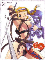 Rule 34 | 1girl, absurdres, armor, artbook, blonde hair, blush, boots, braid, buckle, curvy, exiled warrior leina, fighting, hairband, highres, hisayuki hirokazu, jumping, leina (queen&#039;s blade), leina (queen's blade), looking at viewer, moaning, official art, partially visible vulva, queen&#039;s blade, queen&#039;s blade lost worlds, revealing clothes, scan, shield, shiny skin, solo, spread legs, sweat, sword, thong, weapon