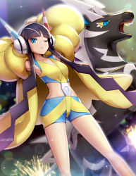 Rule 34 | 1girl, armpits, arms behind head, arms up, black hair, blue eyes, breasts, coat, collarbone, colored sclera, creatures (company), dutch angle, elesa (pokemon), female focus, game freak, gen 5 pokemon, gonzarez, gym leader, headphones, highres, long hair, long sleeves, looking at viewer, midriff, multicolored clothes, multicolored shirt, multicolored shorts, nintendo, one eye closed, open mouth, pokemon, pokemon (creature), pokemon bw2, shiny skin, shirt, short shorts, shorts, sleeveless, sleeveless shirt, small breasts, sparkle, teeth, twintails, very long hair, yellow coat, yellow sclera, zebstrika