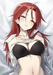 Rule 34 | 1girl, absurdres, black bra, blush, bra, breasts, cleavage, clothes lift, collarbone, fankupl, highres, large breasts, lifting own clothes, long hair, looking at viewer, minna-dietlinde wilcke, red eyes, red hair, shirt lift, solo, strike witches, underwear, upper body, world witches series