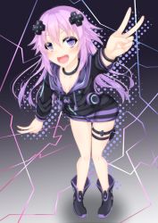 Rule 34 | 10s, 1girl, absurdres, adult neptune, blush, bow, breasts, choker, cleavage, d-pad, female focus, hair bow, hair ornament, highres, hood, hooded track jacket, jacket, long hair, long sleeves, looking at viewer, neptune (neptunia), neptune (series), open clothes, open mouth, purple eyes, purple hair, solo, thigh strap, track jacket