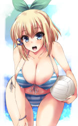 Rule 34 | 1girl, ball, bead bracelet, beads, bikini, blonde hair, blue eyes, border, bracelet, breasts, cleavage, clip studio paint (medium), collarbone, commentary request, covered erect nipples, eyes visible through hair, front-tie bikini top, front-tie top, gluteal fold, hair ribbon, highres, jewelry, large breasts, leaning forward, looking at viewer, navel, open mouth, ribbon, rokudenashi majutsu koushi to akashic record, rumia tingel, shinshin, solo, striped bikini, striped clothes, swimsuit, teeth, tress ribbon, volleyball, volleyball (object), wet