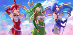 Rule 34 | 3girls, arm up, armor, belt, blue eyes, blue hair, breastplate, catria (fire emblem), closed mouth, dress, elbow gloves, est (fire emblem), closed eyes, fire emblem, fire emblem echoes: shadows of valentia, flag, from side, gloves, green eyes, green hair, grin, headband, highres, holding, holding flag, long hair, multiple girls, nintendo, open mouth, palla (fire emblem), pink hair, polearm, short hair, siblings, sisters, smile, spiffydc, weapon, white headband