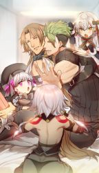 Rule 34 | 2boys, 3girls, alice (fate), ass, bare shoulders, black panties, blurry, bow, brown hair, chiron (fate), depth of field, fate/apocrypha, fate/grand order, fate (series), green hair, grey hair, hat, headpiece, highres, jack the ripper (fate/apocrypha), jeanne d&#039;arc (fate), jeanne d&#039;arc alter santa lily (fate), long hair, multiple boys, multiple girls, no-kan, outstretched hand, panties, purple eyes, short hair, tattoo, undercut, underwear, white hair, yellow eyes
