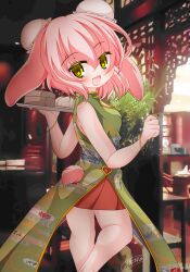 Rule 34 | 1girl, :d, animal ears, ass, bamboo steamer, bangle, baozi, bracelet, breasts, bun cover, china dress, chinese clothes, clothing cutout, commentary request, double bun, dress, feet out of frame, food, from behind, green dress, hair between eyes, hair bun, heart cutout, highres, holding, holding tray, indoors, jewelry, kanijiru, looking at viewer, looking back, open mouth, original, pink hair, pleated skirt, rabbit ears, rabbit girl, rabbit tail, red skirt, signature, skirt, sleeveless, sleeveless dress, small breasts, smile, solo, standing, standing on one leg, tail, tail through clothes, tray, yellow eyes