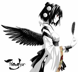 Rule 34 | 1girl, akeboshi kagayo, alternate costume, autumn leaves, bad id, bad pixiv id, black hair, black wings, english text, expressionless, feathers, female focus, hat, holding, japanese clothes, kimono, kourindou tengu costume, leaf, looking away, looking down, monochrome, partially colored, profile, red eyes, ribbon, shameimaru aya, short hair, simple background, solo, spot color, tengu, tokin hat, touhou, white background, wide sleeves, wings, wristband