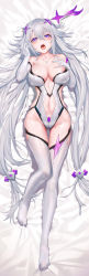 Rule 34 | 1girl, absurdres, bare shoulders, black leotard, blush, breasts, cleavage, clothing cutout, collar, covered erect nipples, dakimakura (medium), elbow gloves, eyeshadow, from above, full body, gloves, gluteal fold, groin, hair between eyes, hand on own chest, headgear, heart, heart-shaped pupils, highleg, highleg leotard, highres, huge filesize, incredibly absurdres, large breasts, leotard, long hair, low twintails, lying, makeup, mango cat, navel, navel cutout, on back, open mouth, photoshop (medium), purple eyes, reina (xipuria), revealing clothes, saliva, silver hair, sky diver xipuria, solo, strapless, strapless leotard, symbol-shaped pupils, thighhighs, tongue, tongue out, twintails, very long hair, white gloves, white thighhighs