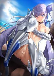 Rule 34 | 1girl, absurdres, andou you, areola slip, armor, ass, bare shoulders, blue eyes, blue ribbon, blue sky, blush, bottomless, breasts, choker, cleft of venus, closed mouth, collarbone, fate/grand order, fate (series), frills, greaves, hair between eyes, hair ribbon, highres, licking lips, long hair, long sleeves, looking at viewer, meltryllis, meltryllis (fate), meltryllis (swimsuit lancer) (fate), meltryllis (swimsuit lancer) (second ascension) (fate), puffy sleeves, purple hair, pussy, ribbon, sitting, sky, sleeves past fingers, sleeves past wrists, small breasts, smile, solo, thighs, tongue, tongue out, very long hair