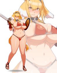 Rule 34 | 1girl, animal ears, armor, bikini, bikini armor, blonde hair, blush, breasts, collar, embarrassed, full body, hairband, highres, isekai meikyuu de harem wo, large breasts, non-web source, red armor, red bikini, roxanne (isekai meikyuu de harem wo), sandals, shield, simple background, slave, solo, swimsuit, sword, tail, thighs, weapon, white background, wooden shield