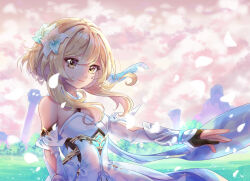 Rule 34 | 1girl, blonde hair, breasts, closed mouth, detached sleeves, dress, flower, genshin impact, hair flower, hair ornament, lily (flower), looking at viewer, lumine (genshin impact), medium breasts, short hair, short hair with long locks, sidelocks, smile, solo, white dress, white flower, y-firestar, yellow eyes