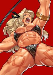 Rule 34 | 1girl, abs, amazon (dragon&#039;s crown), armlet, armor, bikini armor, blonde hair, breasts, breasts apart, cessa, cowboy shot, deep skin, dragon&#039;s crown, from below, highres, long hair, muscular, muscular female, open mouth, red background, simple background, solo