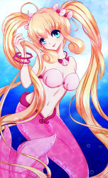 Rule 34 | 1girl, absurdres, ajroanoke, blonde hair, bra, highres, jewelry, long hair, looking at viewer, mermaid, mermaid melody pichi pichi pitch, monster girl, nanami lucia, necklace, pink bra, pink tail, shell, shell necklace, smile, solo, underwear