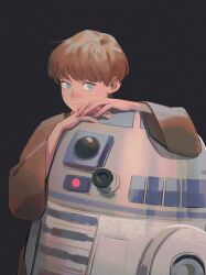 Rule 34 | 1boy, anakin skywalker, armor, blue eyes, brown hair, brown pants, brown shirt, child, closed mouth, commentary, fingernails, grey background, highres, long sleeves, looking at viewer, male focus, pants, papaya mm, r2-d2, robot, shirt, short hair, simple background, smile, solo, standing, star wars, star wars: the phantom menace, symbol-only commentary, white armor, wide sleeves