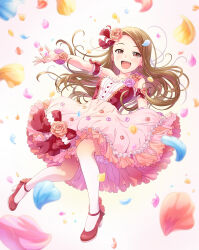 Rule 34 | 1girl, absurdres, armlet, bare shoulders, blue petals, blush, bow, bracelet, breasts, brown eyes, brown hair, buttons, collarbone, dress, falling petals, flower, frilled dress, frills, hair flower, hair ornament, happy, high heels, highres, idolmaster, idolmaster million live!, idolmaster million live! theater days, jewelry, lace, long hair, looking at viewer, applying manicure, minase iori, open mouth, orange flower, orange rose, pantyhose, parted bangs, petals, pink flower, pink petals, pink rose, red eyes, red footwear, rose, rose petals, shiro (ongrokm), sleeveless, sleeveless dress, small breasts, smile, solo, yellow petals