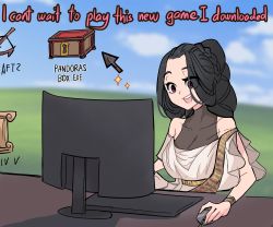 Rule 34 | 1girl, absurdres, bare shoulders, black hair, blurry, blurry background, box, breasts, brown eyes, centurii-chan (artist), cleavage, cloud, cloudy sky, collarbone, commentary, computer, day, english commentary, english text, eyes visible through hair, greek mythology, hair intakes, highres, keyboard (computer), large breasts, mouse (computer), open mouth, original, outdoors, sky, smile, solo, sparkle, toga