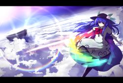 Rule 34 | 1girl, above clouds, apron, backlighting, bad id, bad pixiv id, blue hair, blue skirt, blue sky, cloud, day, floating, food, fruit, hat, hinanawi tenshi, holding, holding sword, holding weapon, lens flare, letterboxed, looking at viewer, open mouth, peach, perspective, rainbow order, red eyes, shirokku (shirock8), shirt, short sleeves, skirt, sky, solo, sword, sword of hisou, touhou, weapon, white shirt, wind