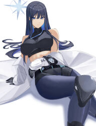 Rule 34 | 1girl, absurdres, armband, bare shoulders, belt, black belt, black gloves, black shirt, blue archive, blue eyes, blue hair, blue pants, coat, commentary, crop top, feet out of frame, gloves, highres, leggings, long hair, long sleeves, looking at viewer, midriff, no headwear, off shoulder, open clothes, open coat, pants, ref (pmxt4483), saori (blue archive), shirt, simple background, smile, solo, stomach, thighs, white background, white coat