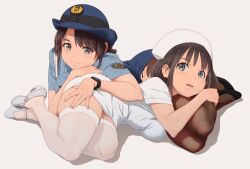 Rule 34 | 2girls, aonori misuji, black hair, blue eyes, blue shirt, blush, breasts, commentary request, full body, grey background, grey eyes, hand on another&#039;s leg, hand on another&#039;s thigh, hat, looking at viewer, lying, medium breasts, multiple girls, nurse, nurse cap, original, pantyhose, pencil skirt, police, police hat, police uniform, policewoman, shirt, short hair, short sleeves, simple background, skindentation, skirt, smile, thighhighs, thighs, uniform, watch, white thighhighs, wristwatch