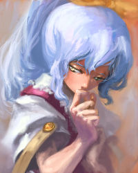 Rule 34 | 1girl, binayu, dress, female focus, hand on own face, looking at viewer, ponytail, shaded face, short sleeves, silent sinner in blue, silver hair, solo, touhou, upper body, watatsuki no yorihime, white dress, yellow eyes