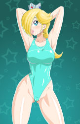 Rule 34 | 1girl, arms up, blonde hair, blue eyes, bluebullpen, cameltoe, cleft of venus, competition swimsuit, crown, hair over one eye, highres, long hair, mario (series), nintendo, one-piece swimsuit, rosalina, standing, super mario galaxy, swimsuit