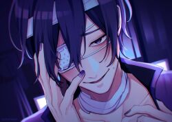 Rule 34 | 1boy, bandaged head, bandaged neck, bandages, blush, eyepatch, hand on own face, highres, looking at viewer, male focus, medical eyepatch, nokuhashi, one eye covered, open mouth, purple eyes, purple hair, purple nails, short hair, smile, solo, taito (vocaloid), vocaloid
