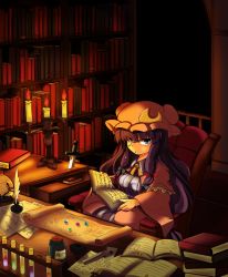 Rule 34 | 1girl, bespectacled, blue eyes, book, bookshelf, bug, candle, candlestand, capelet, centipede, chemistry set, crescent, desk, dress, feathers, female focus, gem, glasses, hair ribbon, hat, highres, inkwell, knife, kokoperiiche, library, long hair, looking at viewer, monocle, monocle chain, multicolored clothes, multicolored dress, nukoimo, patchouli knowledge, pink dress, purple hair, ribbon, room, scroll, sitting, solo, striped clothes, striped dress, test tube, touhou, voile