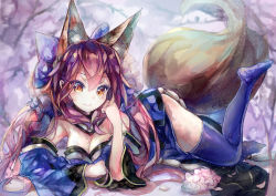 Rule 34 | 10s, 1girl, animal ears, bow, breasts, cleavage, detached sleeves, fate/extra, fate (series), flower, fox ears, fox tail, hair bow, hand on own cheek, hand on own face, japanese clothes, lying, medium breasts, on stomach, pink hair, purple bow, sanae (jomill04), signature, smile, solo, sparkling eyes, tail, tamamo (fate), tamamo no mae (fate/extra), thighhighs, yellow eyes