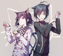 Rule 34 | 2boys, ahoge, animal ears, animal print, black hair, black jacket, black pants, brown eyes, buttons, cat boy, cat ears, cat print, cat tail, checkered clothes, checkered scarf, closed mouth, commentary request, cowboy shot, danganronpa (series), danganronpa v3: killing harmony, double-breasted, extra ears, goto (sep), grey background, highres, jacket, kemonomimi mode, long arms, long sleeves, looking at viewer, looking to the side, male focus, multiple boys, oma kokichi, one eye closed, open mouth, pale skin, pants, paw pose, purple eyes, saihara shuichi, scarf, short hair, smile, straitjacket, striped clothes, striped jacket, sweatdrop, tail, white jacket