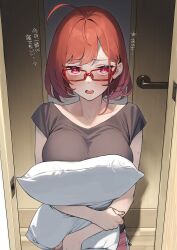 Rule 34 | 1girl, 92m, ahoge, blush, breasts, brown shirt, commentary request, door, highres, holding, holding pillow, kinshi no ane (92m), large breasts, looking at viewer, open mouth, original, pillow, pink eyes, red-framed eyewear, red hair, red shorts, shirt, short hair, short sleeves, shorts, solo, translation request