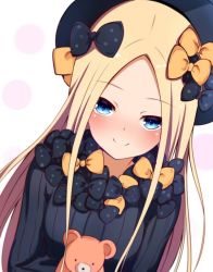 Rule 34 | 1girl, abigail williams (fate), baretto (karasi07), black bow, black dress, black hat, blonde hair, blue eyes, blush, bow, closed mouth, commentary request, dress, dutch angle, fate/grand order, fate (series), forehead, hair bow, hat, hugging object, long hair, long sleeves, looking at viewer, multiple hair bows, orange bow, parted bangs, polka dot, polka dot bow, smile, solo, stuffed animal, stuffed toy, teddy bear, very long hair, white background