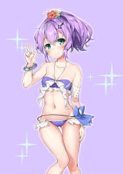 Rule 34 | 1girl, aqua eyes, azur lane, bikini, blue bow, blush, bow, bracelet, breasts, closed mouth, collarbone, commentary request, cross hair ornament, flower, frilled bikini, frills, gluteal fold, groin, hair between eyes, hair flower, hair ornament, hairclip, hand up, head tilt, hibiscus, high ponytail, highres, javelin (azur lane), javelin (beach picnic!) (azur lane), jewelry, kuro gogolions, light purple hair, long hair, looking at viewer, navel, purple background, purple bikini, sidelocks, simple background, small breasts, smile, solo, sparkle background, swimsuit, w