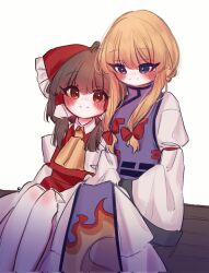 Rule 34 | 2girls, ascot, blonde hair, blush, bow, brown hair, closed mouth, commentary request, detached sleeves, flame print, frilled bow, frilled hair tubes, frills, hair bow, hair tubes, hakurei reimu, highres, korean commentary, leaning on person, long hair, long sleeves, multiple girls, no headwear, purple tabard, red bow, simple background, sitting, smile, tabard, tohou89, touhou, white background, yakumo yukari, yellow ascot, yin yang, yin yang print, yuri
