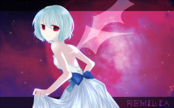 Rule 34 | 1girl, alternate costume, backless dress, backless outfit, bad id, bad pixiv id, bare back, bare shoulders, blue hair, character name, dress, female focus, kanasaki, red eyes, remilia scarlet, short hair, sleeveless, solo, strapless, strapless dress, touhou, transparent, white dress, wings
