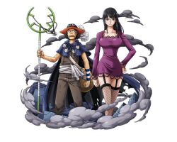 Rule 34 | 1boy, 1girl, black hair, breasts, carrying bag, dust, friends, frown, garlic, goggles, hand on own hip, hat, long hair, long nose, looking at viewer, nico robin, official art, one piece, pantyhose, purple skirt, serious, skirt, staff, standing, usopp