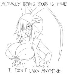 Rule 34 | 1girl, being bread is fine, bikini, bikini top only, bouncing breasts, breasts, commentary, covered erect nipples, disgaea, disgaea d2, english commentary, english text, fang, front-tie top, genderswap, genderswap (mtf), greyscale, hood, hoodie, i don&#039;t want to be bread (meme), laharl, laharl-chan, large breasts, matsu-sensei, meme, monochrome, open mouth, pointy ears, smile, swimsuit